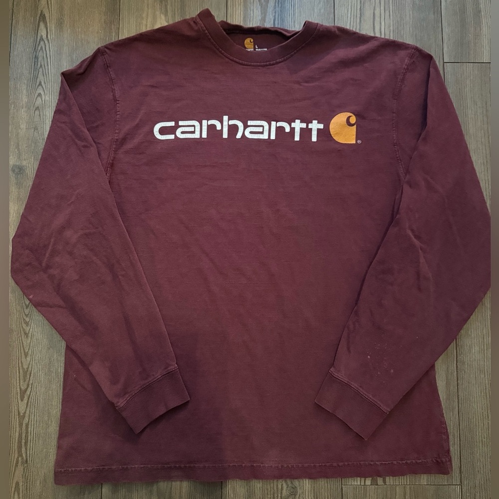 Carhartt Long Sleeve Logo Shirt Burgundy Original Fit Vintage Style Men’s Large